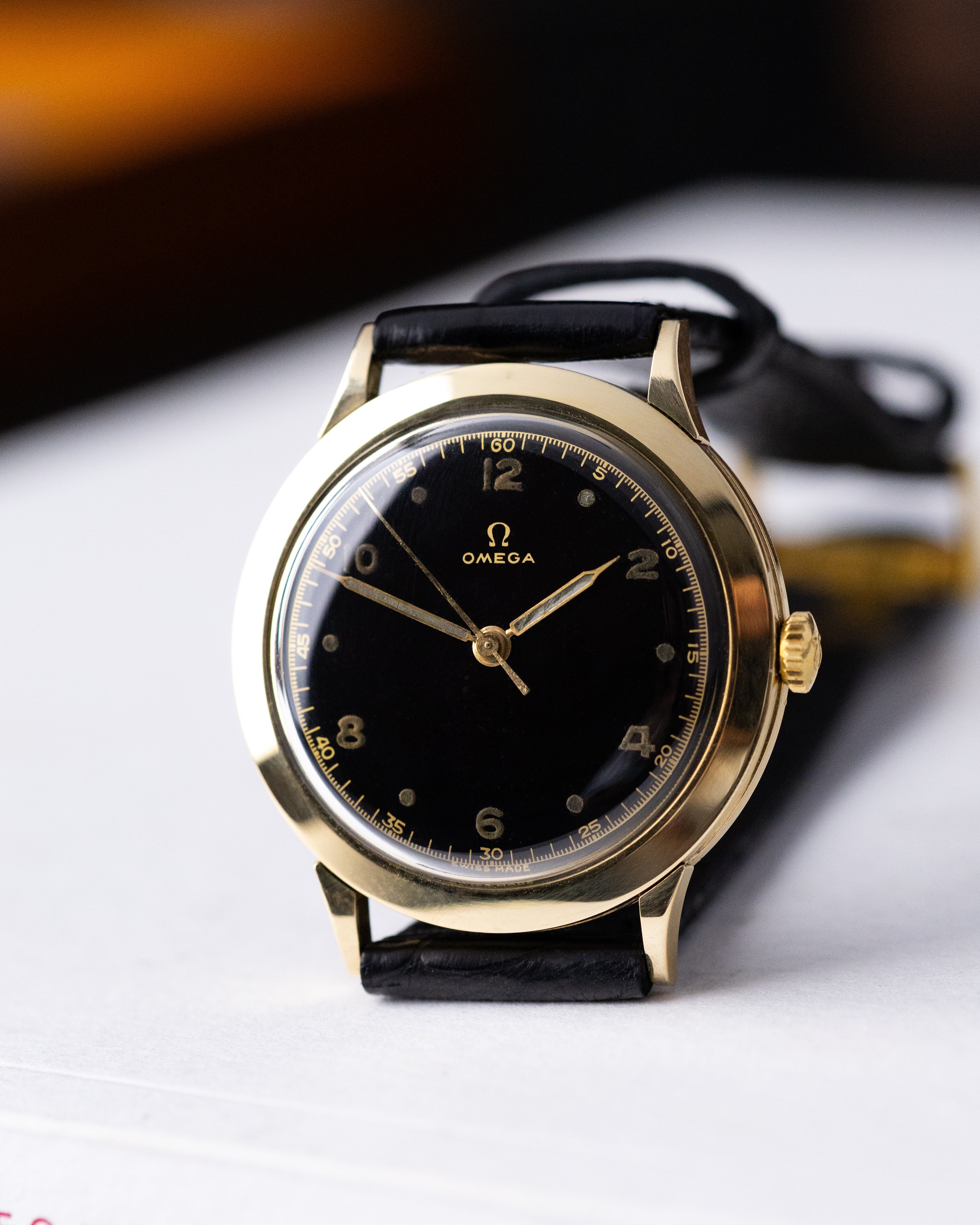 Vintage Omega Swiss Watch, Ref. 14309 Black Radium Gilt Dial 14K Gold Cal. 371 from 1947 - DuMarko