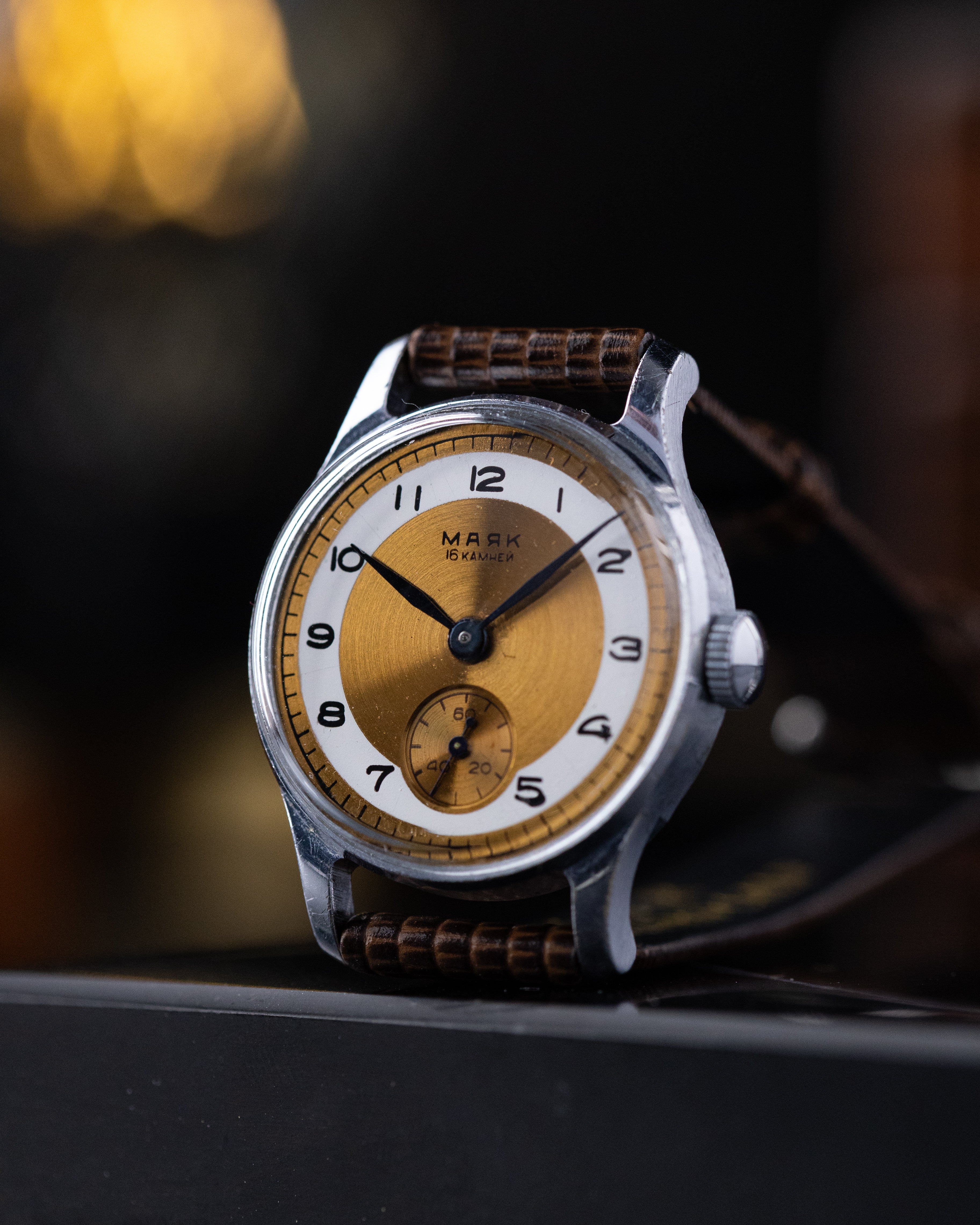 Vintage Pobeda Majak Soviet Watch, Two - Tine Bronze Dial from 1960's - DuMarko