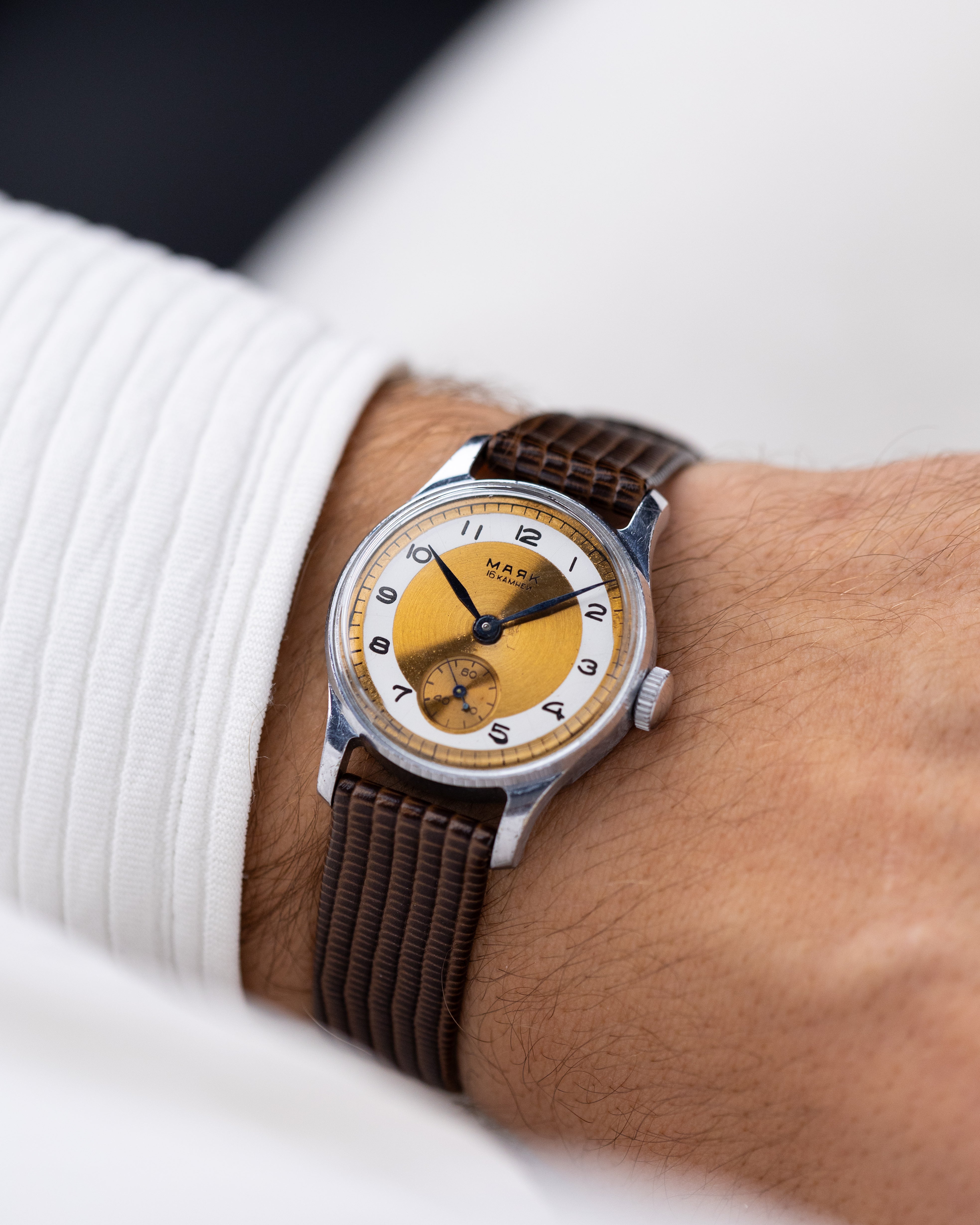 Vintage Pobeda Majak Soviet Watch, Two - Tine Bronze Dial from 1960's - DuMarko