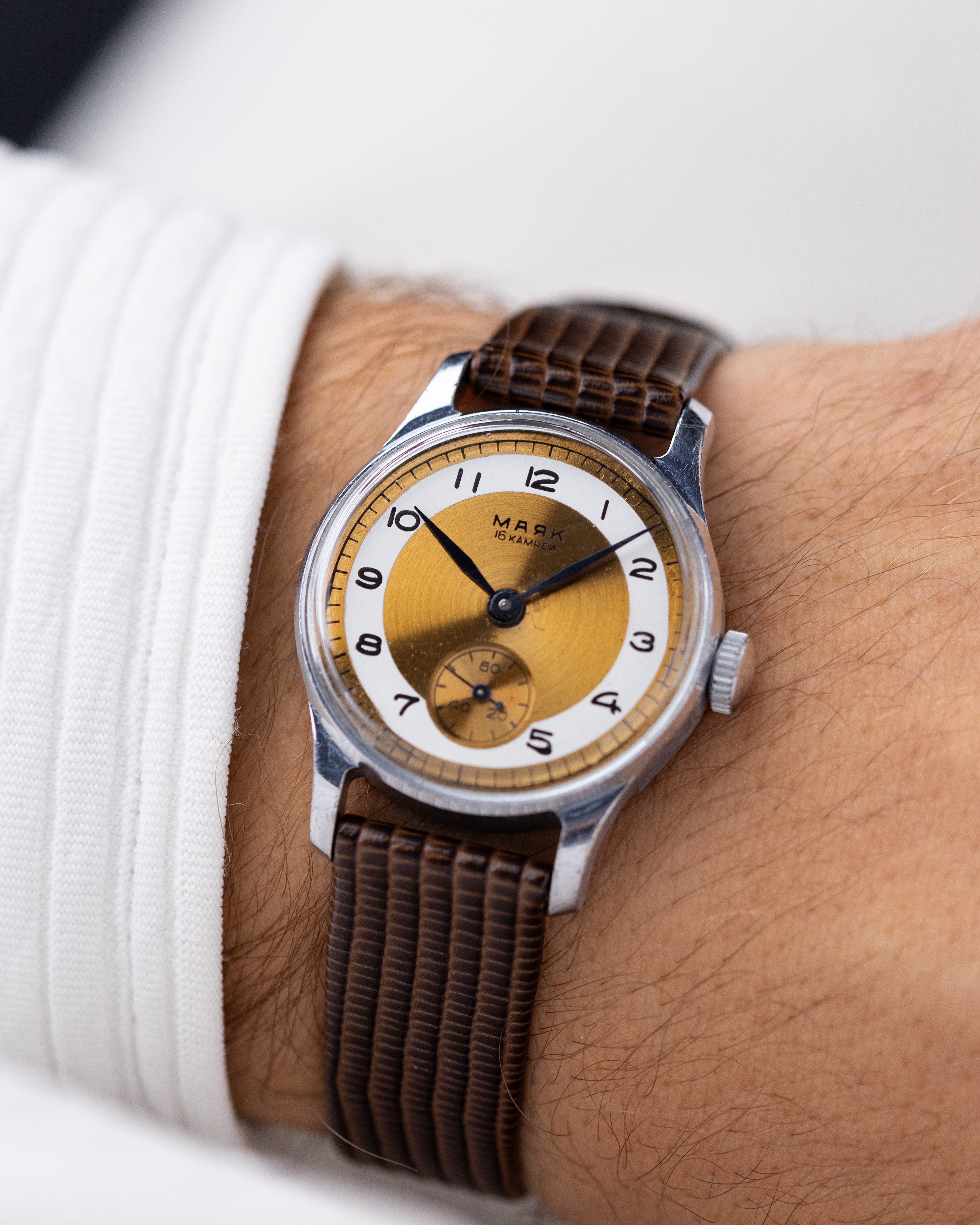 Vintage Pobeda Majak Soviet Watch, Two - Tine Bronze Dial from 1960's - DuMarko