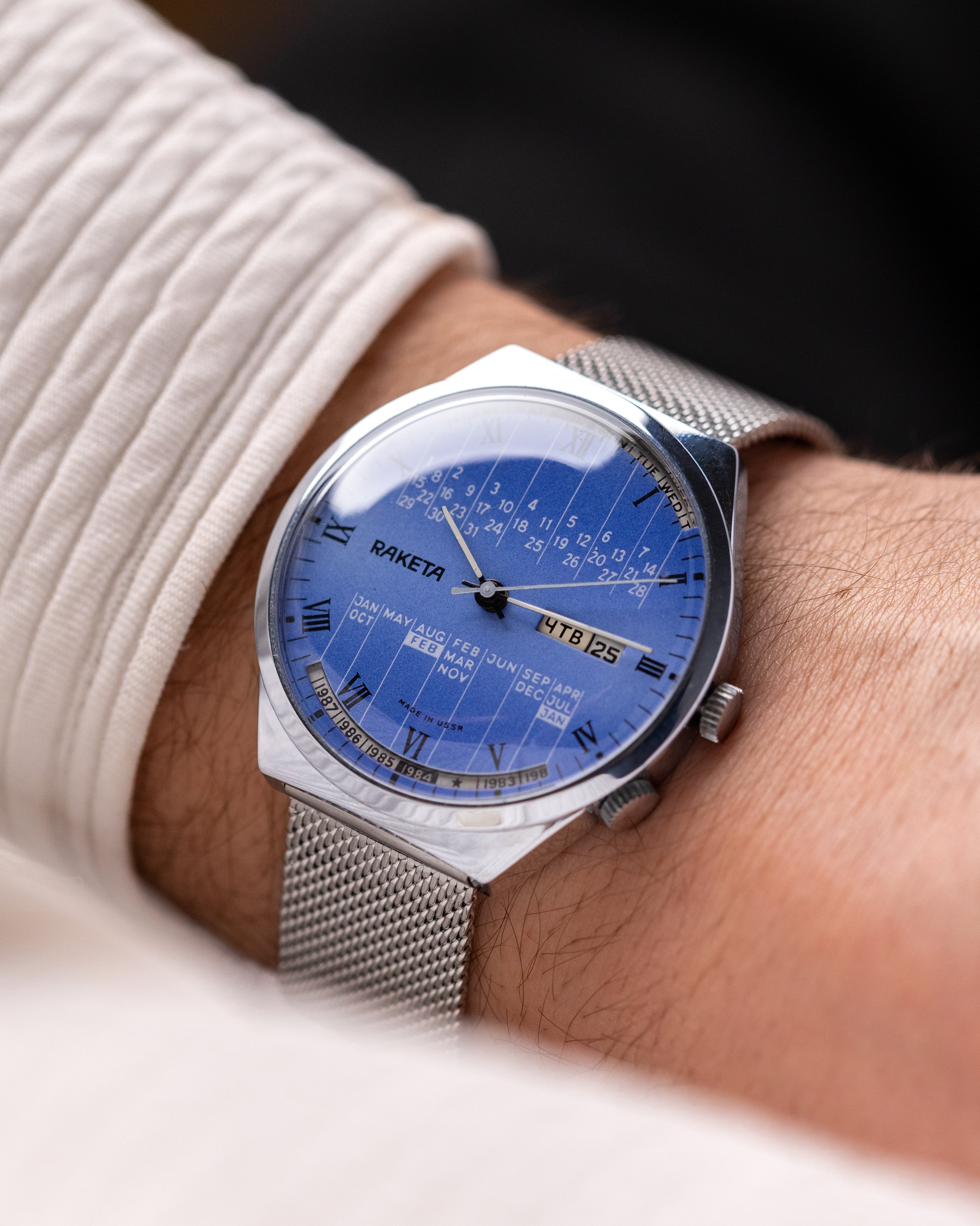 Vintage Raketa Perpetual Calendar Soviet Watch, Blue Dial 40mm, Made in USSR - DuMarko