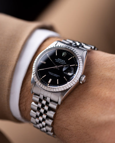 Vintage Rolex Datejust 36 Ref. 16030 black dial engine-turned bezel Jubilee bracelet
