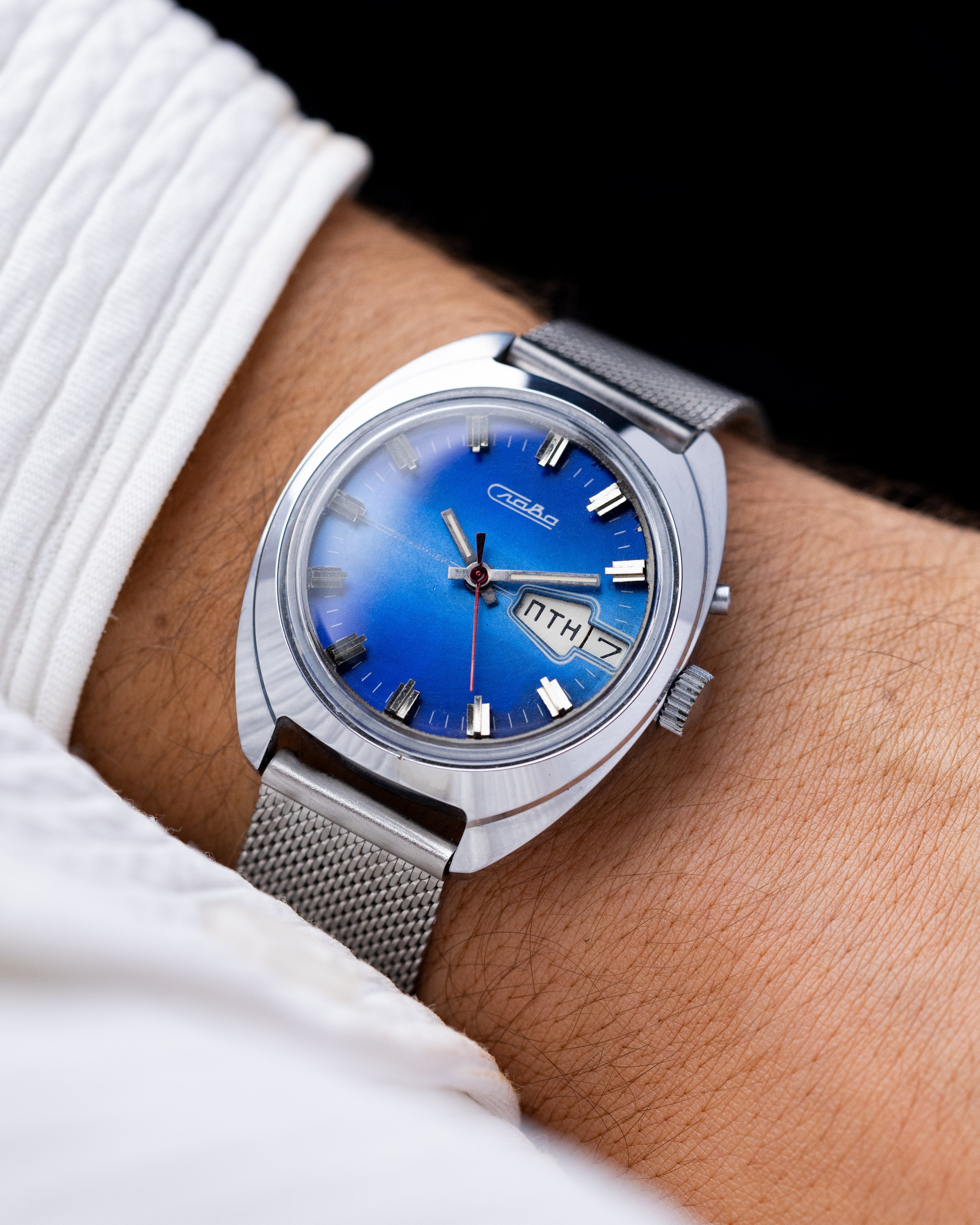 Vintage Slava Soviet watch, Blue Gradient Dial, Cal. 2428 Day/Date from 1980s - DuMarko