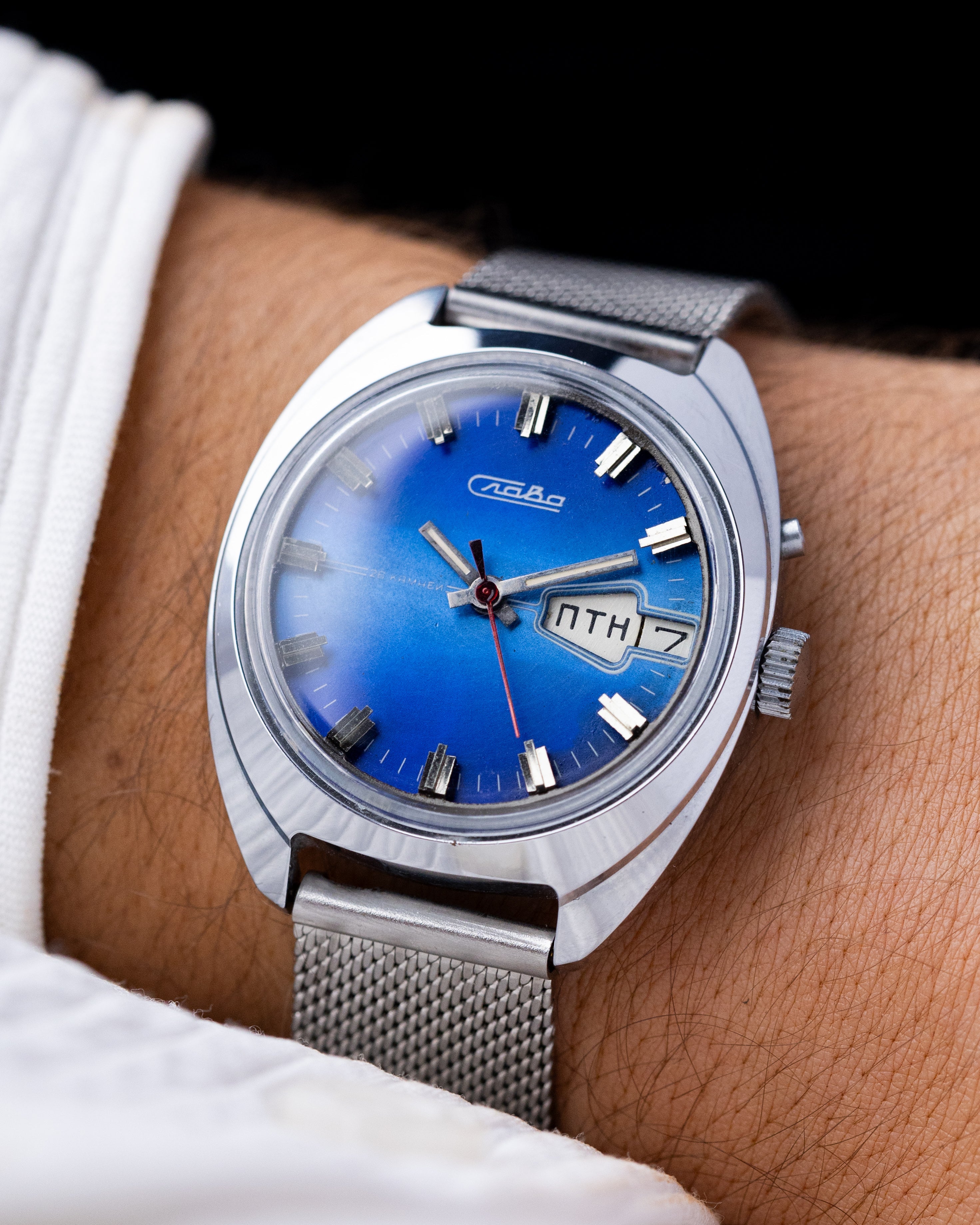 Vintage Slava Soviet watch, Blue Gradient Dial, Cal. 2428 Day/Date from 1980s - DuMarko