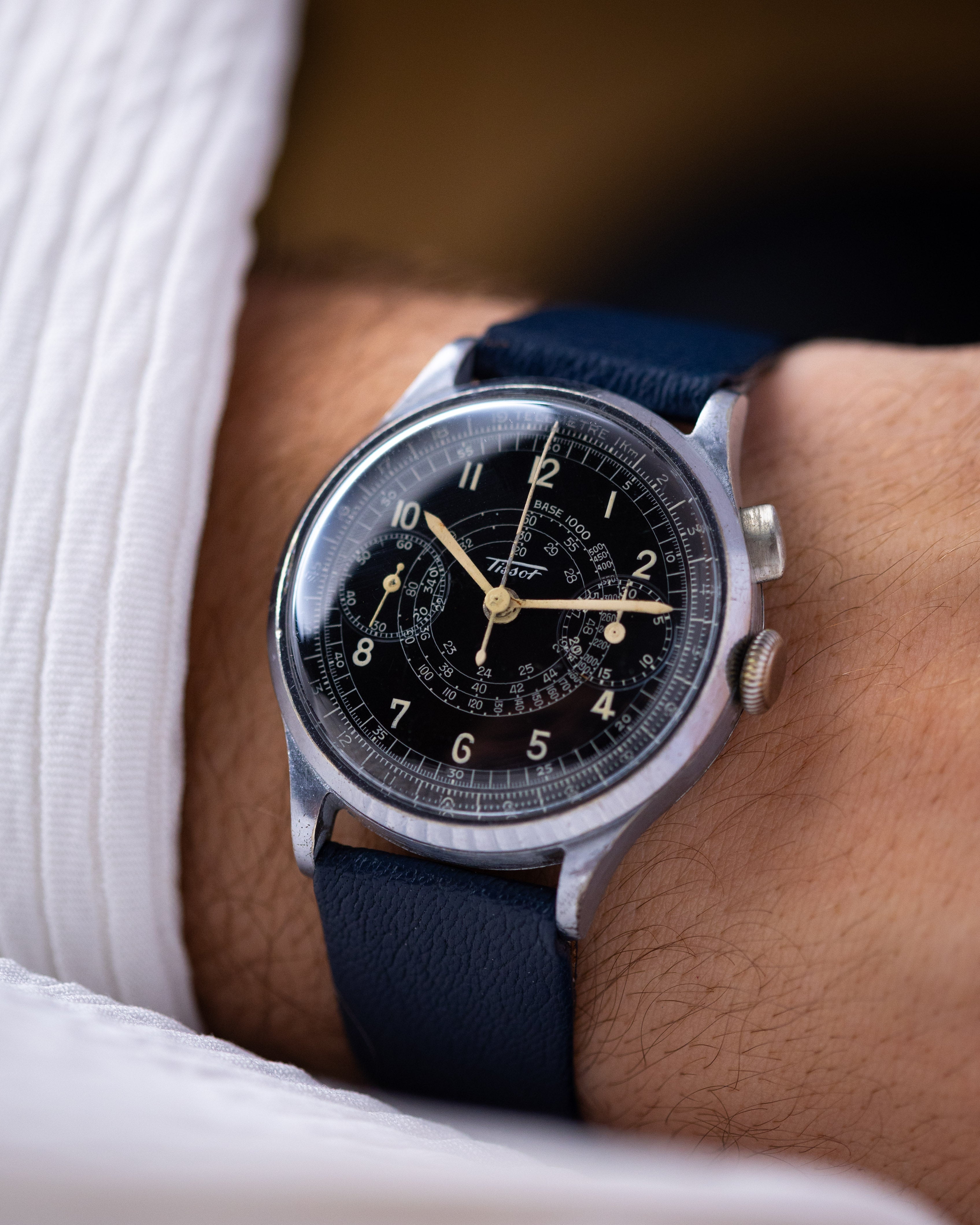 Vintage Tissot Monopusher Chronograph Cal. 15TL, Black Enamel Snail Dial, Telemeter Scale from 1930's - DuMarko