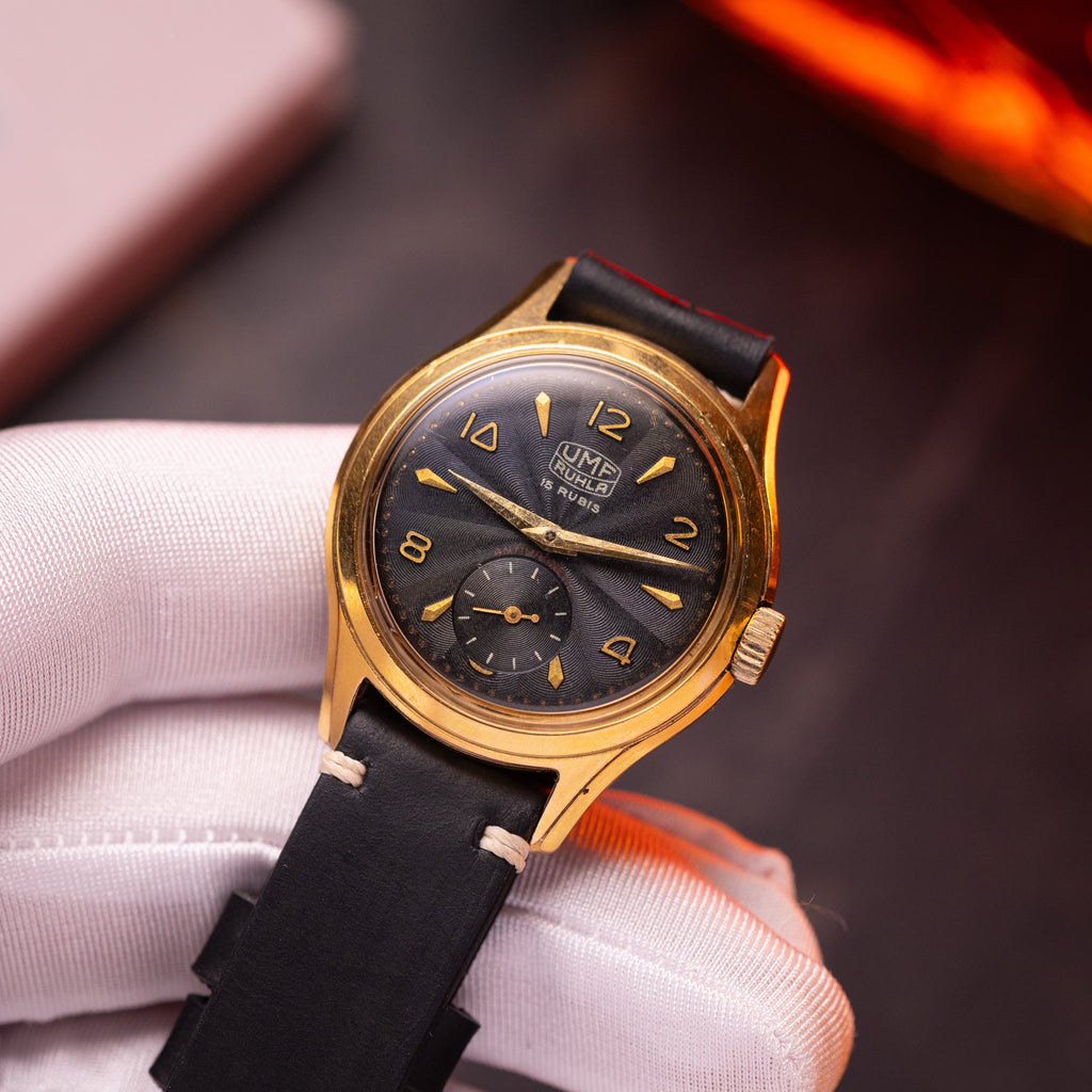 Vintage UMF Ruhla German Watch, Black guilloche dial from 1950's - VintageDuMarko
