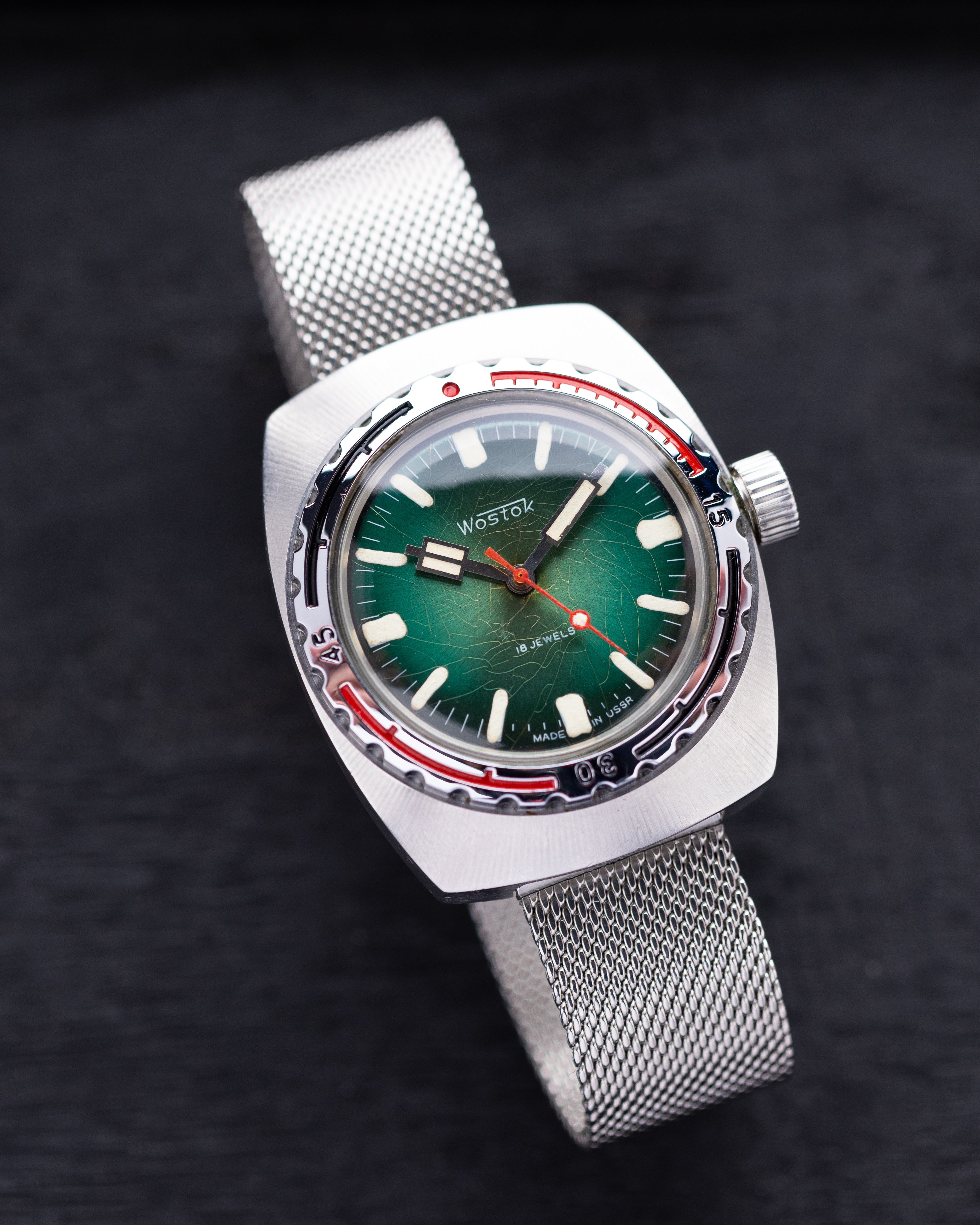 Vostok Amphibia, Barrel case, Emerald Craquelure dial, Vintage Soviet watch - DuMarko