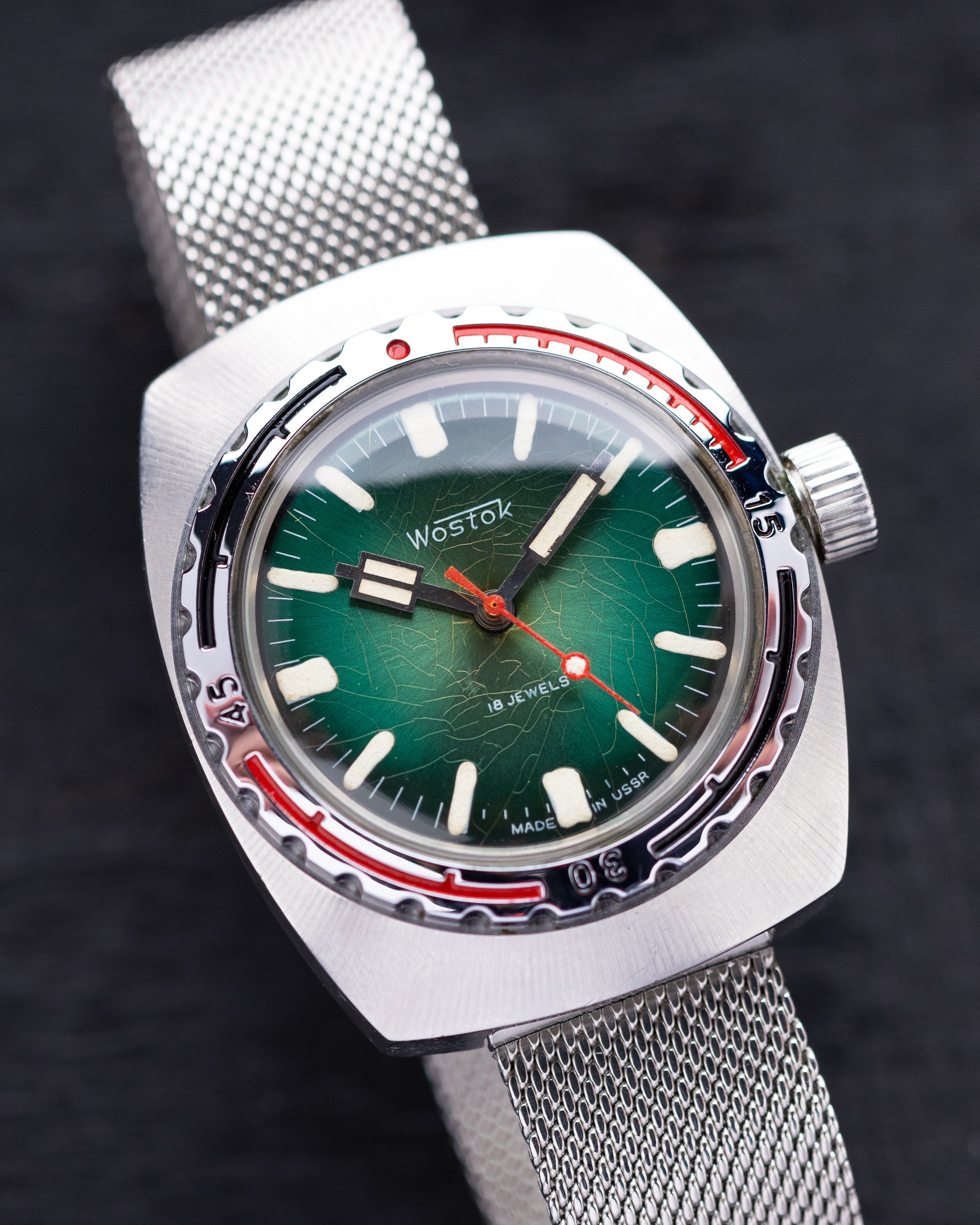 Vostok Amphibia, Barrel case, Emerald Craquelure dial, Vintage Soviet watch - DuMarko