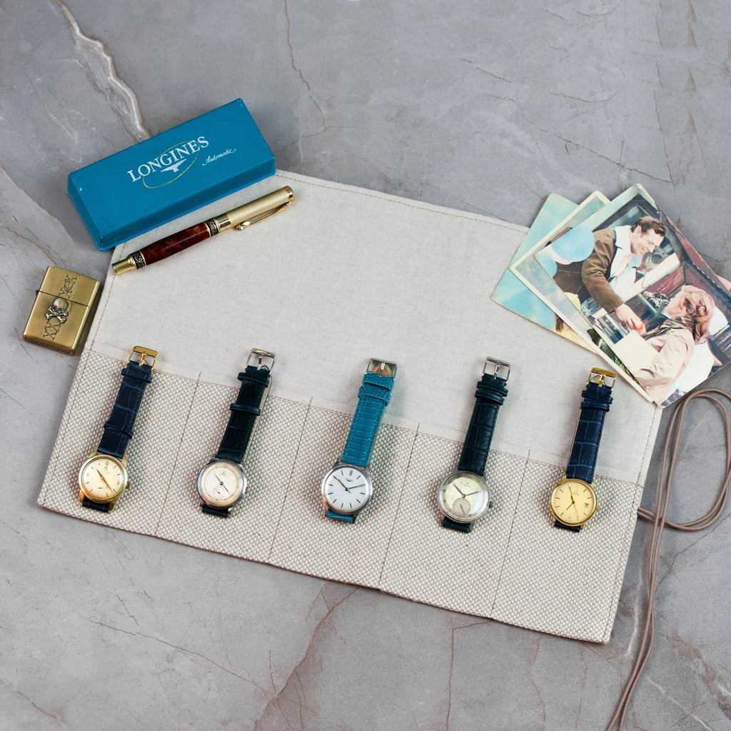 Beige Cotton Handmade Best Watch Roll Case for 5 Watches with Closing Strap - VintageDuMarko