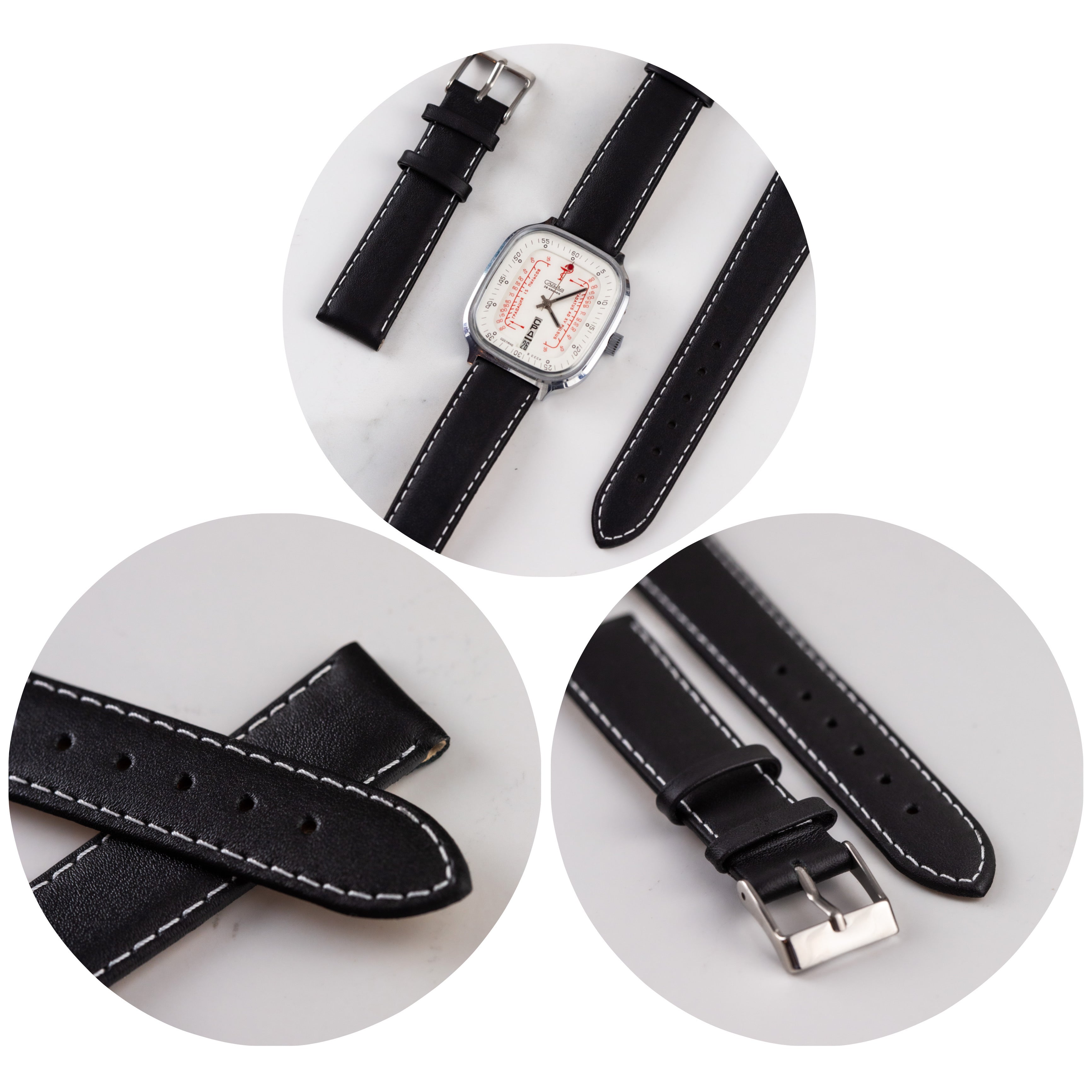 Black Leather White Stitched Watch Strap - VintageDuMarko