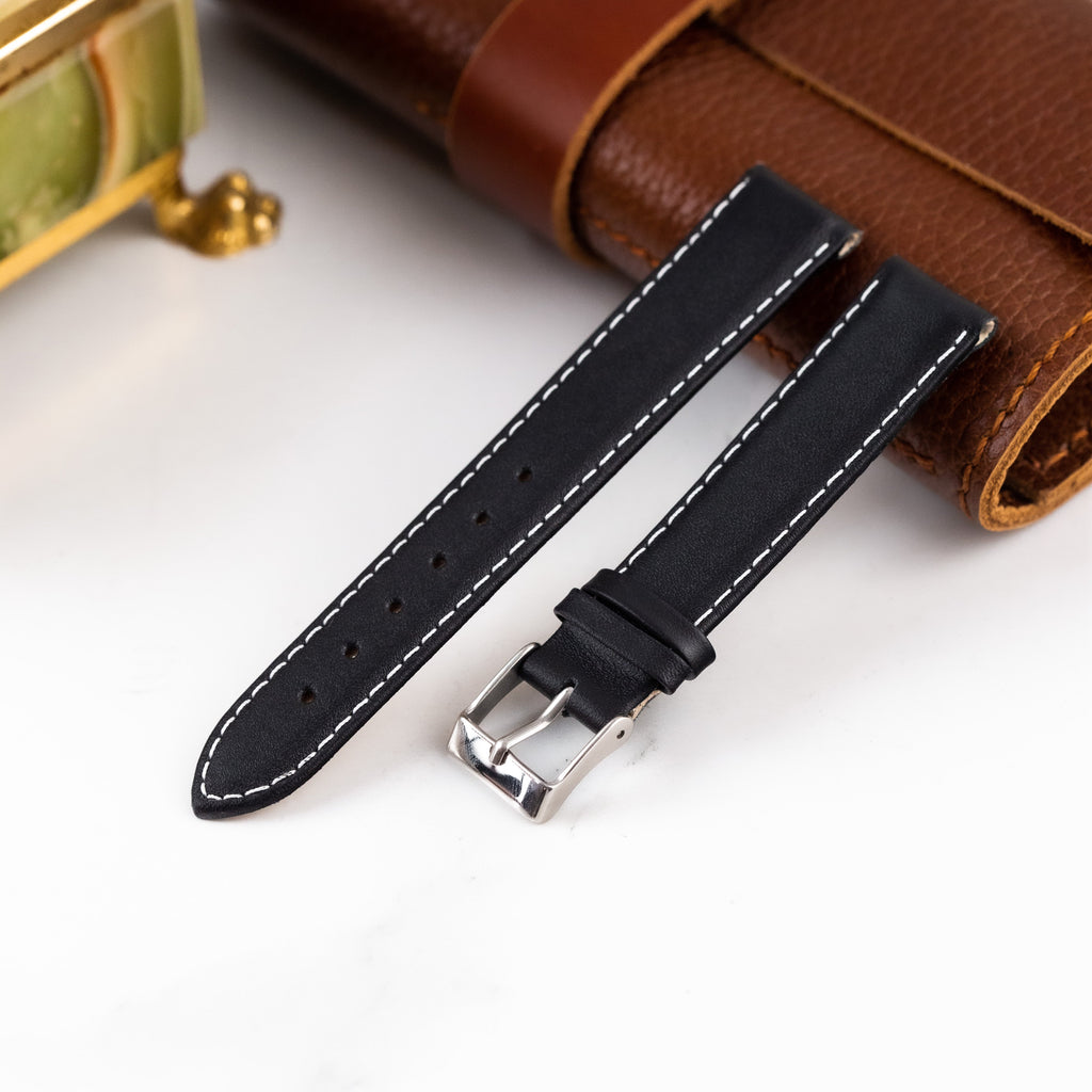 Black Leather White Stitched Watch Strap - VintageDuMarko