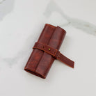 Brown Leather Watch Roll Case for 3 Watches, Handmade Watch Organizer with Closing Strap - VintageDuMarko