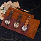 Brown Leather Watch Roll Case for 3 Watches, Handmade Watch Organizer with Closing Strap - VintageDuMarko