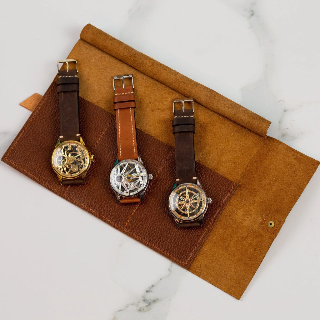 Brown Roll Watch Case for 3 Watches - Leather Watch Organizer with Closing Strap - VintageDuMarko