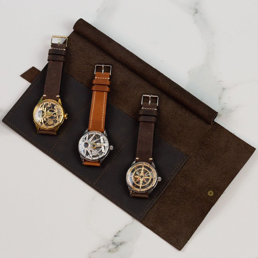 Dark Brown Leather Watch Roll Case for 3 Watches - Handmade Watch Organizer with Closing Strap - VintageDuMarko