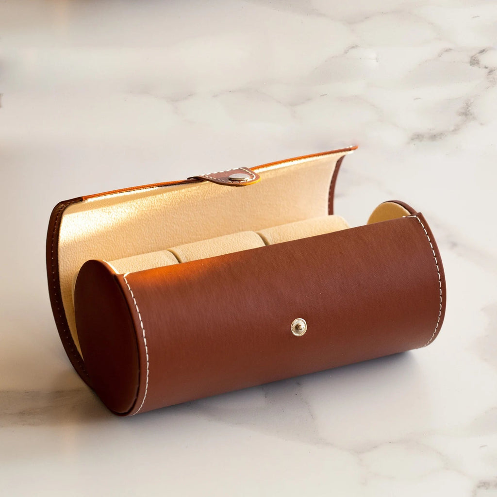 Elegant Brown Watch Leather Case For 3 Watches, Travel Accessories, Watch Roll - VintageDuMarko
