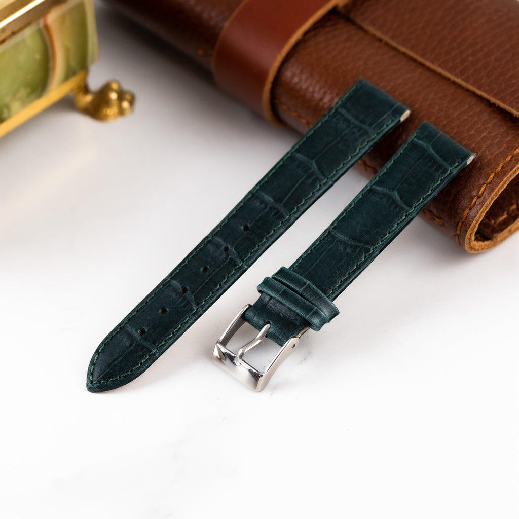 Green Embossed Leather Watch Strap, Slim Watch Strap - VintageDuMarko