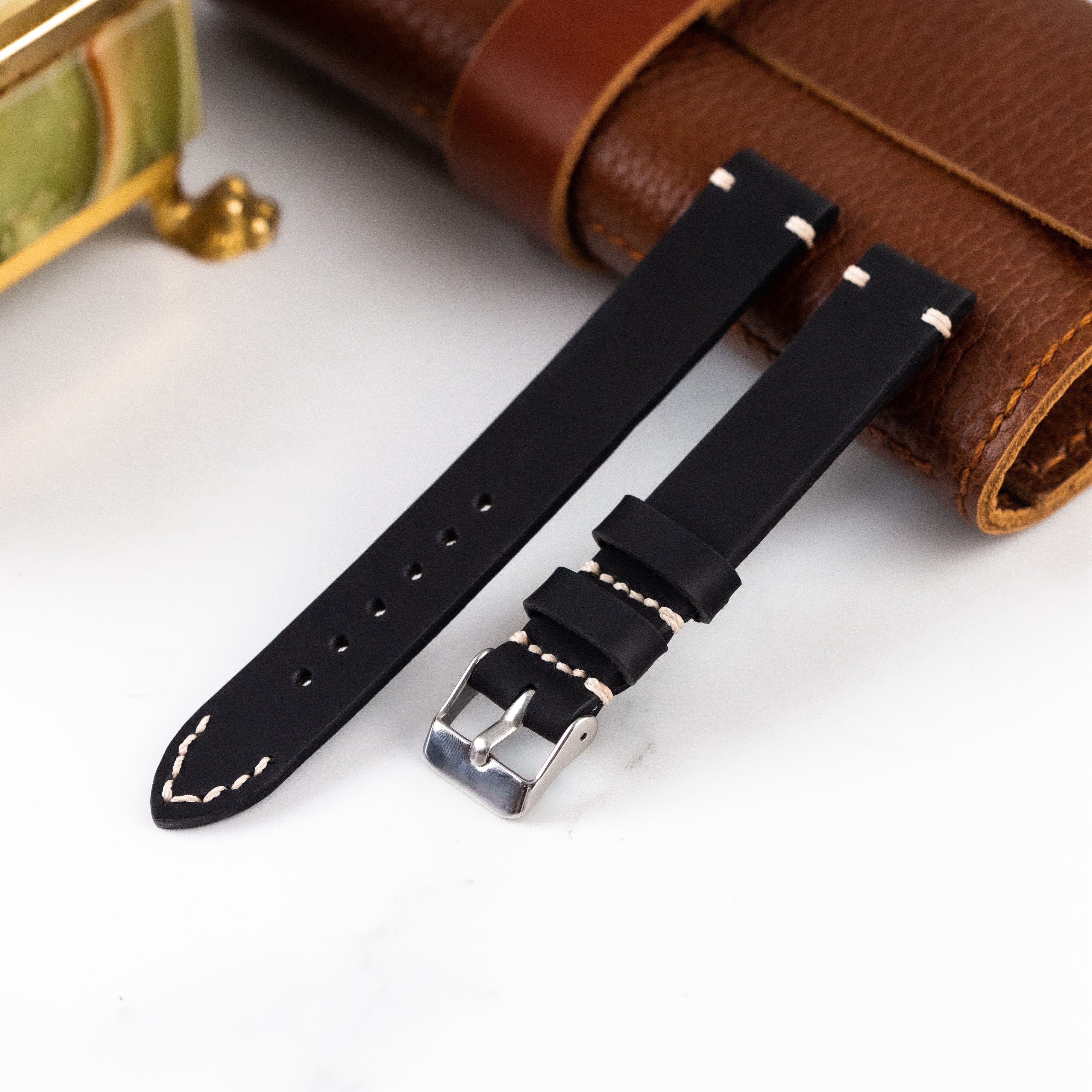 Handmade Black Leather Strap for Vintage Watch, Sttap with White Thread - VintageDuMarko