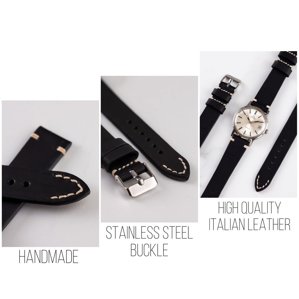 Handmade Black Leather Strap for Vintage Watch, Sttap with White Thread - VintageDuMarko