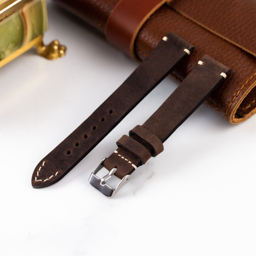 Handmade Dark Brown Leather Watch Strap with White Thread - VintageDuMarko