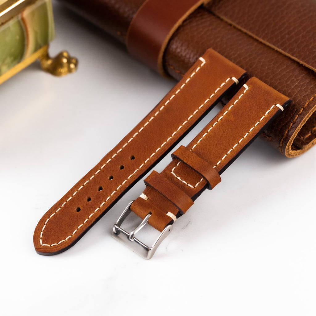 Handmade Light Brown Leather Watch Strap with White Thread - VintageDuMarko
