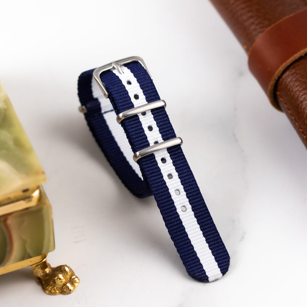 White and Blue Watch Strap - Nylon NATO Watch Strap for Diver's Watches - VintageDuMarko